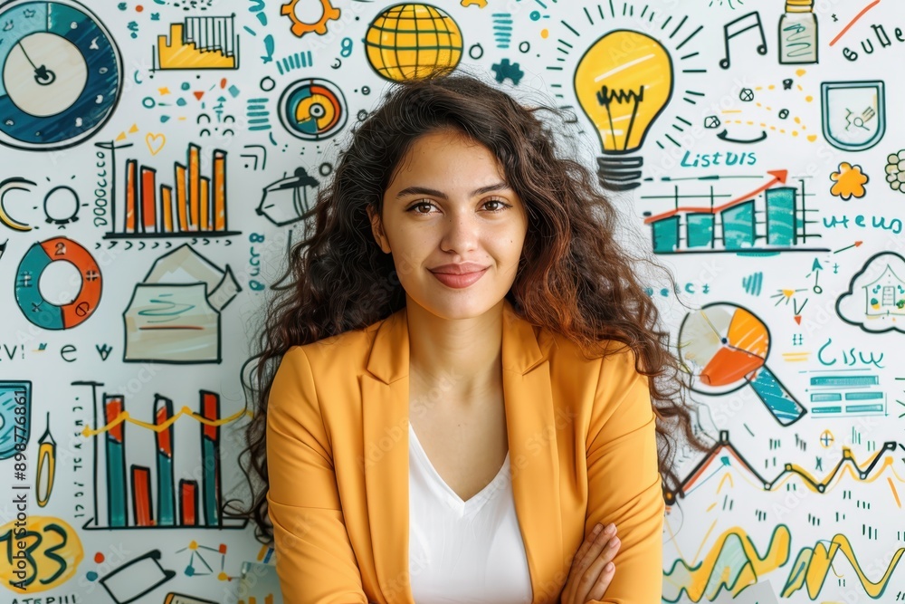 Wall mural Empowering Female Business Leader at Startup Hub Surrounded by Brainstorming Tools and Charts Close Up