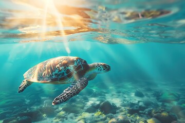 Obraz premium Majestic sea turtle gliding through crystal-clear water with copy space.