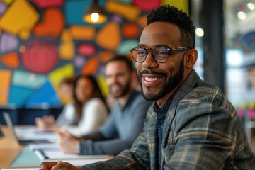 Vibrant Business Fusion: Modern Boardroom Brainstorming Session with Businessman and Colleagues