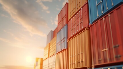 Stacked shipping containers, golden hour light, industrial scene, Watercolor style, with copy space, high-resolution photo, hyper realistic