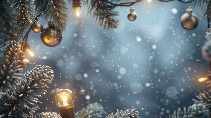 Nostalgic winter or Christmas frame with electric bulb fir tree branches and ornaments