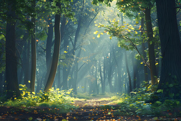 Obraz premium Serene Forest Morning: Sunlight Filtering Through Dense Woodland Canopy Illuminates Tranquil Natural Beauty