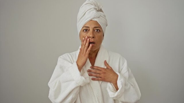 Woman in bathrobe and towel, middle age, shocked and amazed expression on face, isolated over white background, wearing bathrobe and towel, displaying surprise and fear