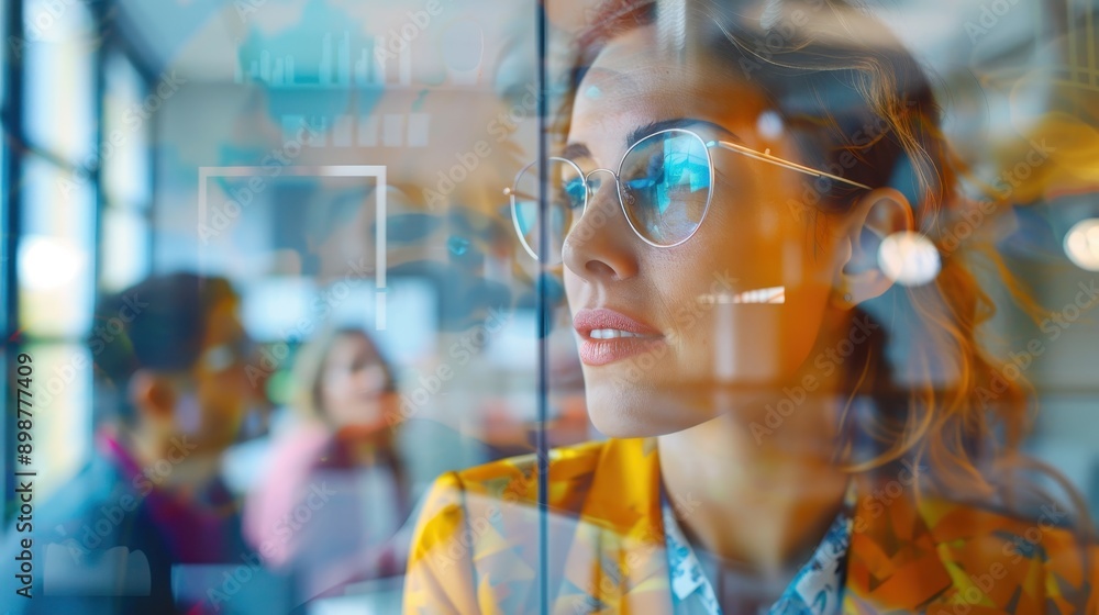 Wall mural Breaking Boundaries: Female Business Leader Inspiring Innovation in Diverse Team with Ethereal Double Exposure