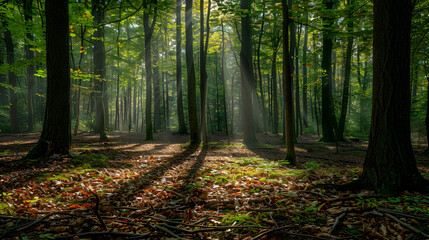 Obraz premium Serene Forest Morning: Sunlight Filtering Through Dense Woodland Canopy Illuminates Tranquil Natural Beauty