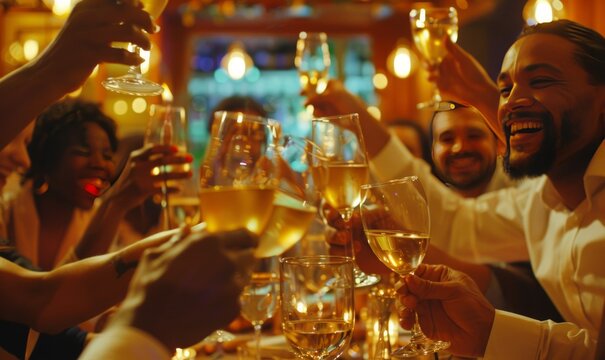 Smiling faces and raised glasses in a vibrant restaurant, epitomizing joyous celebration and conviviality during a festive gathering