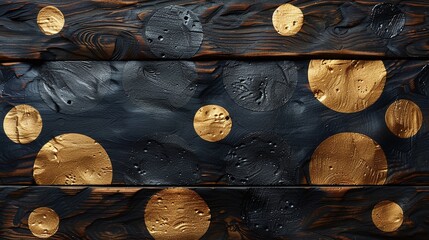 Bold Polka Dot Pattern on Dark Wooden Texture with Gold Accents