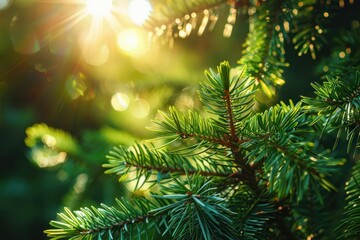 Close-up of vibrant green pine branches with sunlight filtering through, capturing the freshness and beauty