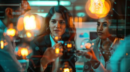 Fototapeta premium Empowered Female Business Leader Brainstorming with Diverse Team in Trendy Office - Innovative Ideas Concept with Ethereal Overlay Close Up