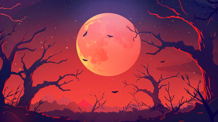 Spooky landscape with bats flying under a big red moon, perfect for halloween projects