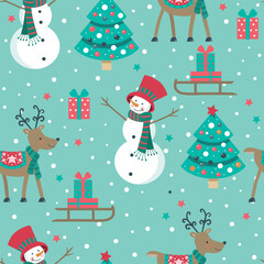 Christmas seamless pattern with snowman, deer, tree, boxes of gift on blue background. 
