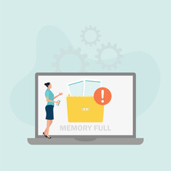 The folder is full on the laptop. Notification when memory is full. Cleaning the memory or storage of a mobile phone or computer. Vector illustration.	