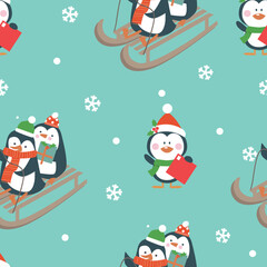 Seamless Christmas pattern with snowflakes and penguins on blue background. 