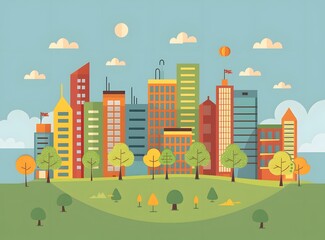 Fototapeta premium Colorful Cityscape Illustration With Green Grass and Trees