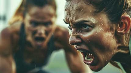Personal trainer screaming at woman during boot camp workout in the rain.