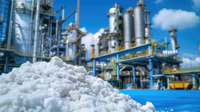 Blue Background with Urea Fertilizer in Chemical Plant