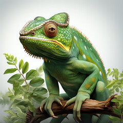 Obraz premium Watercolor Green color chameleon close up, clipart Illustration, Generative Ai