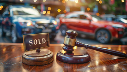 Car auction concept, Gavel and sign "sold"on the table, Car blurred background.
