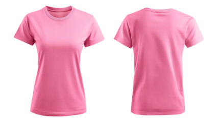 Pink blank t shirt template from two sides isolated on transparent white background, clipping path