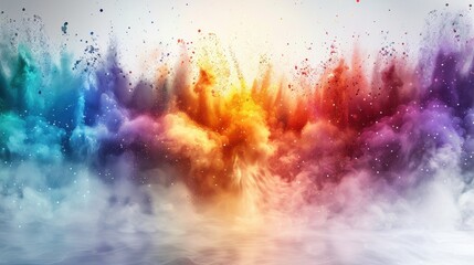 A high-resolution image of a rainbow powder splash with abstract paint bursts and splatter effects, featuring dust clouds and a white texture backdrop