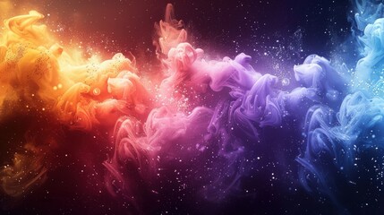 An energetic abstract design with a rainbow-colored powder splash, incorporating ink bursts, splatter effects, and dynamic dust clouds against a white and black background