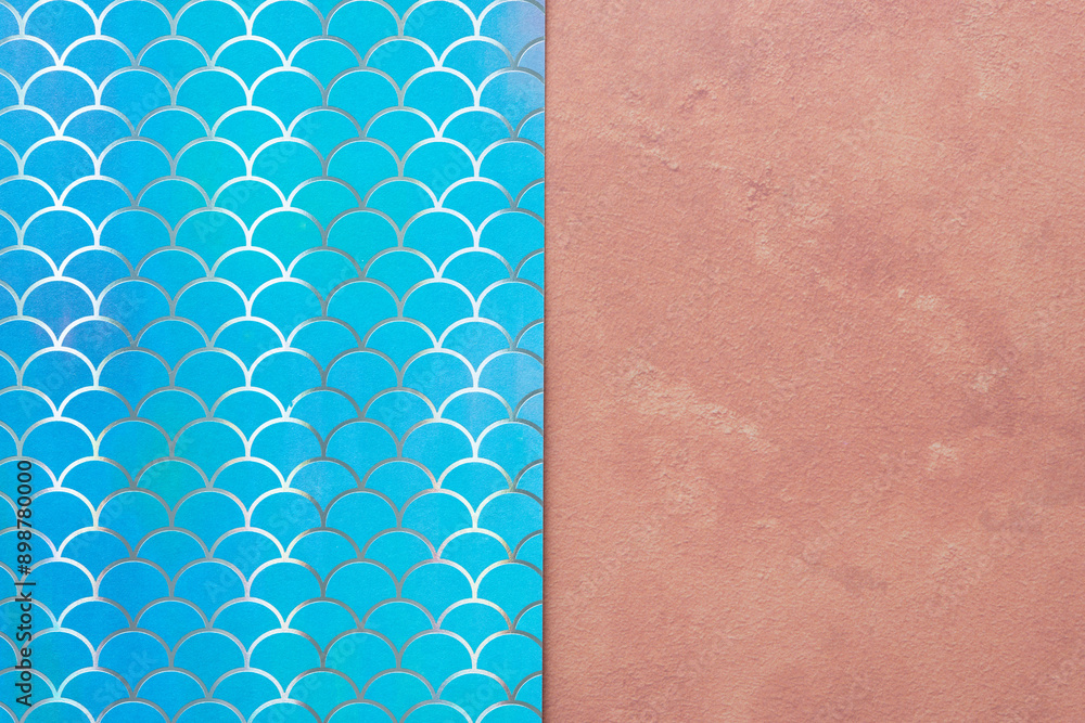 Wall mural duo scrapbooking paper sheets--one blue with scale pattern--one pastel brown with chalk dust texture