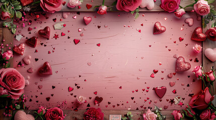 Romantic Evening Valentine's Frame with Roses and Hearts Background 
