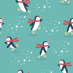 Seamless pattern with penguins on ice rink.