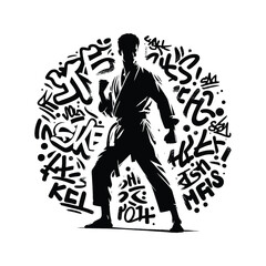Fototapeta premium Judo , martial art , Karate , Taekwondo male player in graffiti tags, street art pattern illustration, emblem shield badge