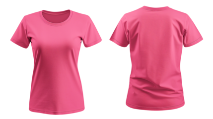 Pink blank t shirt template from two sides isolated on transparent white background, clipping path