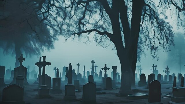 Cinematic old foggy graveyard horror scene in the evening or night. Dark graves with crosses and tombstones. Cinematic horror movie scene.