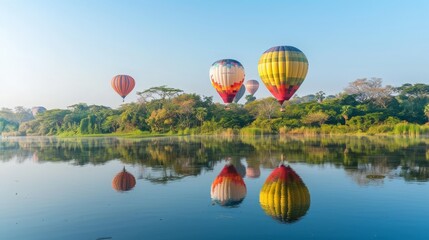 Fototapeta premium Hot Air Balloons Over Lake