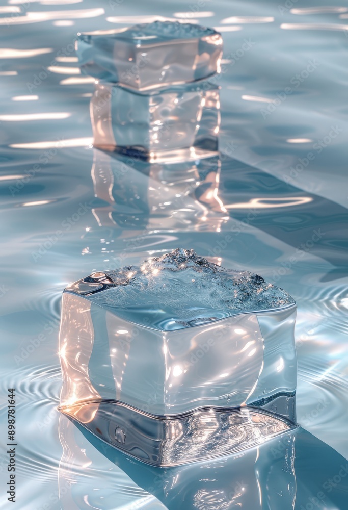 Poster abstract background with three transparent glass blocks in rippling water and light reflections