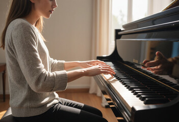 A person practicing the piano in a sunlit room. 