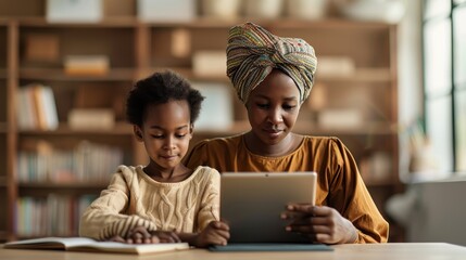 Engaging Digital Learning: Teacher Assisting Student with Tablet in Classroom Setting