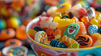 Colorful Mixed Candy Bowl at Halloween Party With Decorative Treats and Festive Atmosphere