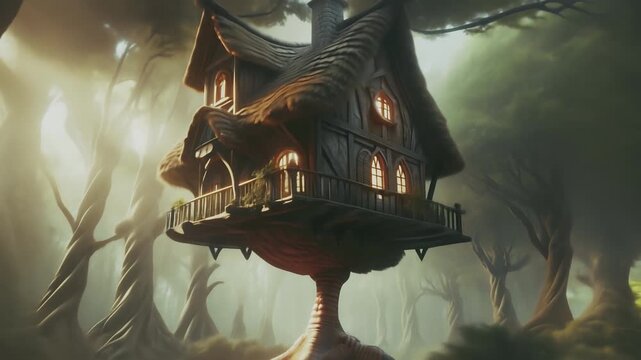 A hut on chicken leg. Slow dolly in on Baba Yaga hut in a beautiful fantasy forest. Magical, fairytale animation. Slavic folklore, mythology and religion series. Cinematic animation.