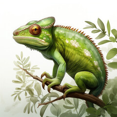 Obraz premium Watercolor Green color chameleon close up, clipart Illustration, Generative Ai