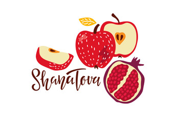 Shana Tova card. Handwritten calligraphy lettering with apple and pomegranate isolated composition. Happy Rosh Hashanah banner. Jewish New Year Holiday. For greeting card, Holiday design, invitation.