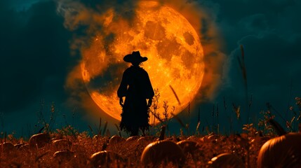 Obraz premium Scarecrow Silhouette Under Blood Moon.