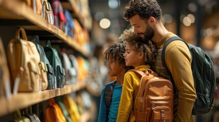 Obraz premium Happy family shopping for school backpacks, preparing for back-to-school season