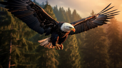 Obraz premium A single bald eagle soaring through the air with a background of forest during sunset 
