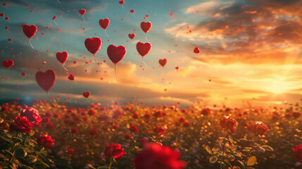 Obraz premium Heart Balloons Floating Over Rose Field at Sunset