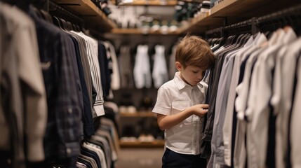 Fototapeta premium Excited Child Trying on New School Uniform in Fitting Room Experience