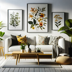 Modern living room in white tones and floral poster frames