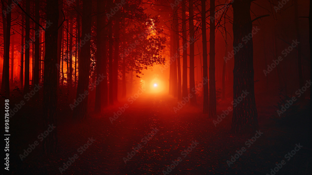Poster gleaming light shines at the end of a dim and misty forest trail