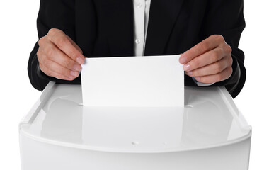 Woman putting her vote into ballot box against white background, closeup