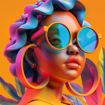 Ilustraci&oacute;n de mujer joven mulata llena de color y alegr&iacute;a. Chica con gafas, modelo, atractiva, sensual, lleno de energ&iacute;a. Imagen energica.