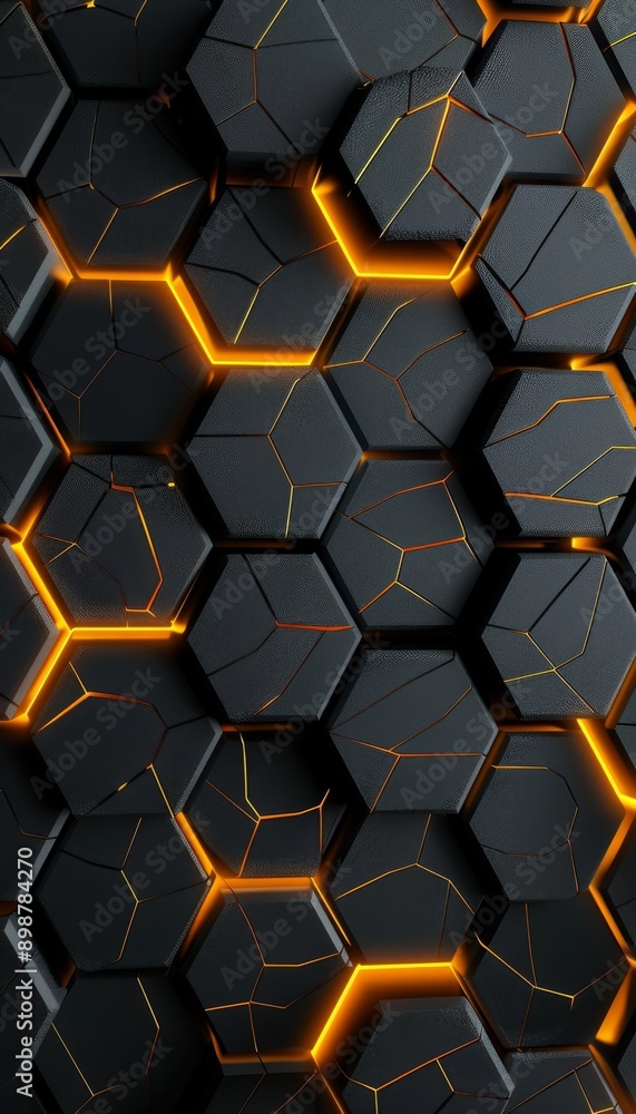 Poster abstract hexagonal pattern with black and orange glowing elements on a dark background