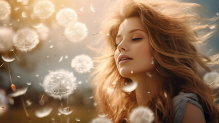 Fototapeta premium A dreamy field of dandelions, a young adultCaucasianwoman amidst the flying dandelion seeds; spring nature concept or background 